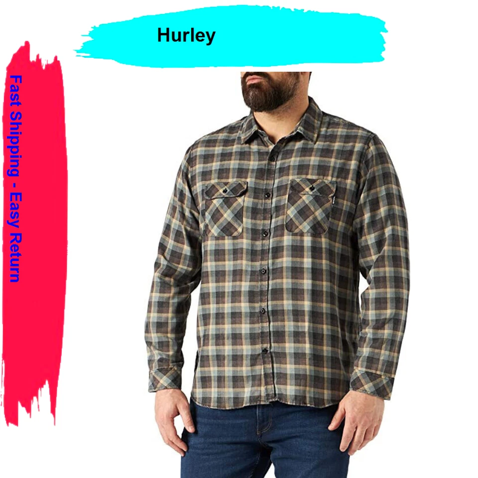 Hurley Men's Bend Burnout Flannel Long Sleeve Shirt Green Multi Size S