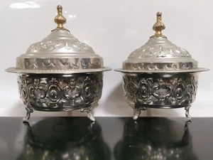 Pair of Mid 20th Century Handcrafted Moroccan Engraved Lidded Bowls Silver Plate - Picture 1 of 12