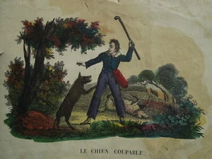 Estampe Ancienne Rehaussée Fable De Florian Le Chien Coupable  - Imagen 1 de 2