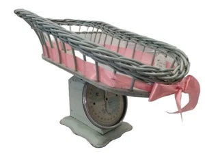 1950s Wicker and Wood Basket Baby Scale. Pastel Green  - Picture 1 of 12