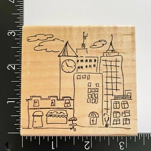 Estampilla de goma montada en madera de chatarra de club edificios bistró café paisaje urbano escena - Imagen 1 de 3