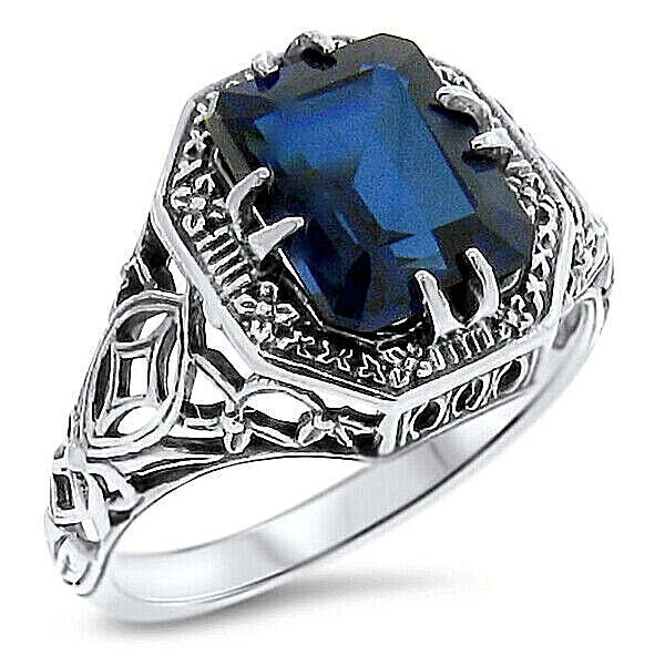 DECO ANTIQUE STYLE 925 STERLING SILVER SIMULATED SAPPHIRE FILIGREE RING #910 - Image 1 of 1