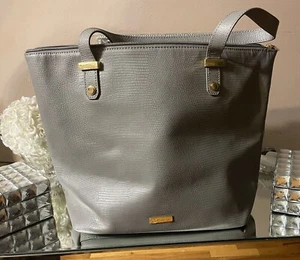 Joy Mangano Large Gray Tote Carry On Travel Bag 100% Leather Pocket Book New - Picture 1 of 14