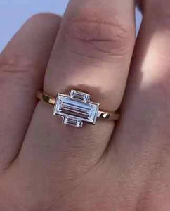 East To West Three Stone Sterling Silver Moissanite Emerald Cut Wedding Ring - Picture 1 of 5
