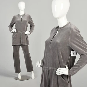 M-L 1990s Gray Velour Outfit Tunic Top Pants Sonia Rykiel Two Piece Ensemble Set - Picture 1 of 10