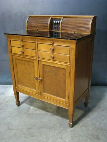 Rare Antique Walnut Medical Cabinet / Bar With Black Glass Top & Tambour Doors Cover