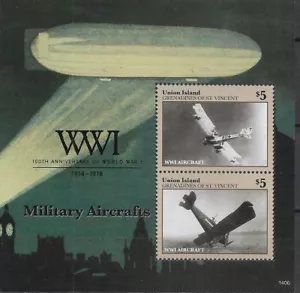 UNION ISLAND - 2014 MNH "10º Aniversario de la Primera Guerra Mundial - Aviones" ¡Hoja de recuerdo! - Imagen 1 de 1