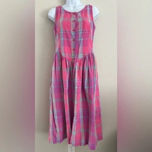 Vintage Sleeveless A Line Madras Plaid Check Midi Dress Pink Flirty Coquette - Picture 1 of 14