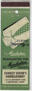Vintage Matchbook Cover Charley Geiger's Haberdashery Lakewood Ohio . Manhattan - Picture 1 of 3