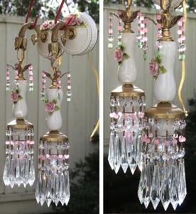 PAIR Sconces Lamp Pink barbola Rose Vintage Porcelain beaded Brass Tole - Picture 1 of 12