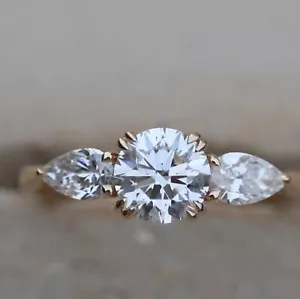 2 Ct Round Pear-Cut VS1 Lab Grown Diamond Three Stone Wedding Ring 14k Rose Gold - Picture 1 of 10