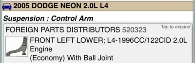 2005 dodge neon sxt lower control arm - Image 1 of 4