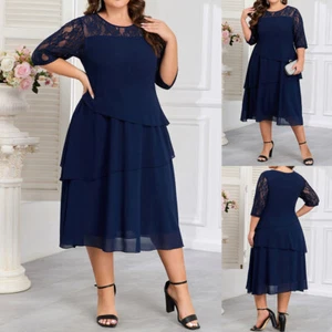 Plus Size Womens Lace Chiffon Midi Dress Party Cocktail Ladies Evening Ball Gown - Picture 1 of 20