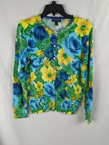 LANDS' END COLORFUL floral Blue yellow CARDIGAN SWEATER Small Supima Cotton - Picture 1 of 10