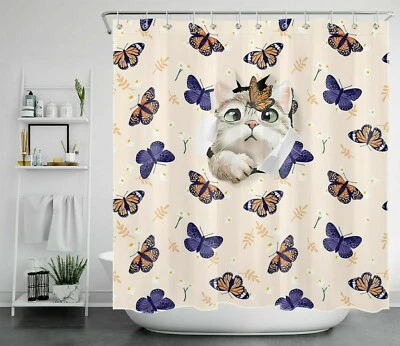 Divertida Cortina de Ducha Gato para Baño Estampado Animal Decoración con Ganchos Foto 1 de 4