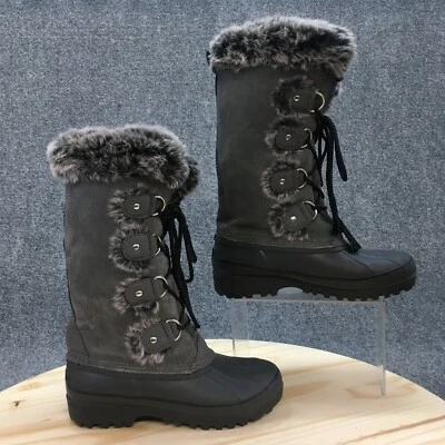Khombu Winter Snow Boots Womens 6 M Artic Gray Leather Mid Calf Faux Fur Round - Image 1 of 4