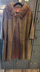 1960's Genuine Leather Suede Brown Swing Coat With Real Fur Collar Size M - Picture 1 of 14