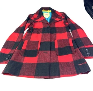 Billabong Wool Peacoat Dress Coat Buffalo Plaid Red Black Women's Size M - Picture 1 of 9