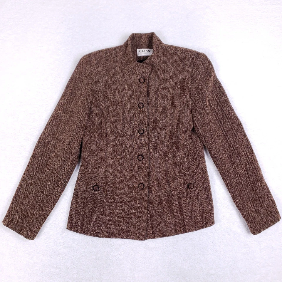 Chaqueta Blazer Vintage Gianni Mezcla Lana Espiga Marrón Talla 6 Hecha en EE. UU. Foto 1 de 4