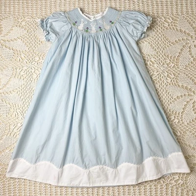 Vestido Lil Cactus Niñas 5 Años Azul Conejitos de Pascua Máquina Calado Bishop Foto 1 de 4