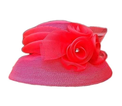 Sombrero de verano de paja de polipropileno flor organza rojo escarlata Betmar New York de colección  Foto 1 de 4