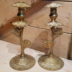 Pair Brass Plated Flower Taper Candle Holders Swirls 10" Tall Vtg - Swanky Barn - Picture 1 of 12