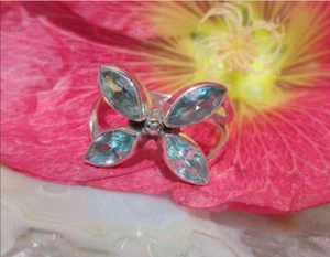 Ω Anillo flor de topacio azul piedra de los dioses plata 925 talla 17,5 - Imagen 1 de 6