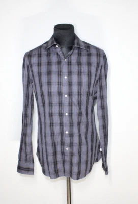 Camisa A5 Auténtica ISAIA Azul y Azul Marino A Cuadros Algodón Abotonada Manga Larga Talla L Foto 1 de 4