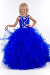 Blue Satin Beaded Christening Flower Girl Dress Beaded Prom Birthday Ball Gown - Picture 1 of 6