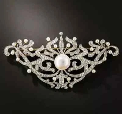 天然珍珠 2.20 克拉圆形切割女式婚礼胸针 14K 镀白金 — 第 1/4 张图片