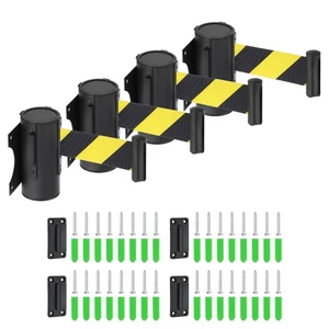 4 Pcs 9.84 ft Fixed Wall Mount Retractable Belt Barrier Black Yellow Stripe - Picture 1 of 7