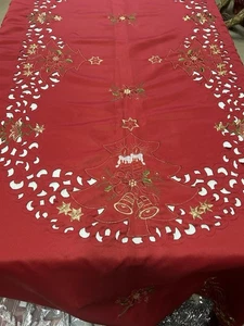 Rote Weihnachten bestickt Cutwork Tischdecke 108 x 69 Weihnachtsstern & Goldstern - Bild 1 von 10