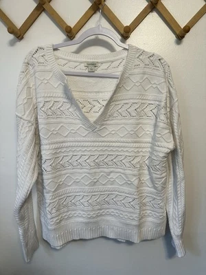 Suéter Sundance Cuello en V Tejido con Cable Blanco Talla Grande Preppy Boho Foto 1 de 4
