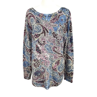 Suéter Pullover Chico's 2 L Estampado Multi Pergamino Cuello Barco Azul Rosa Paisley Foto 1 de 4