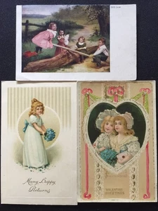 Junge Mädchen Konvolut 3 schöne seltene antike Postkarten Valentinstag - Blumenmädchen - Wippe - Bild 1 von 8