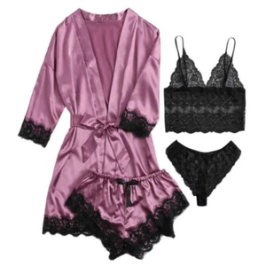 4Pcs Dentelle Satin Pyjama Faux Soie Ensemble Yukata Vêtement de Loisirs Sexy - Picture 1 of 12