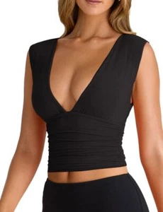 Women's Sexy Deep V-Neck Ruched Sleeveless Crop Tank Top Stretchy Doubl (Size:S) - Picture 1 of 5