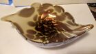 Large Gold Flake Brown & White Murano Shell Glass Bowl 15" W X 6.3" D X 3" H