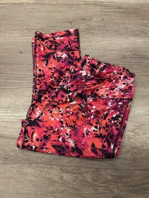 Exertek Capri Althetic Leggings Pink Floral Zipper Pocket Women's Size XL - Image 1 of 2