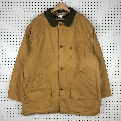 LL Bean Chore куртка мужская XXL коричневый желтовато-коричневый вельветовый воротник шерсти клетку с подкладкой 90-х  - Изображение 1 из 4