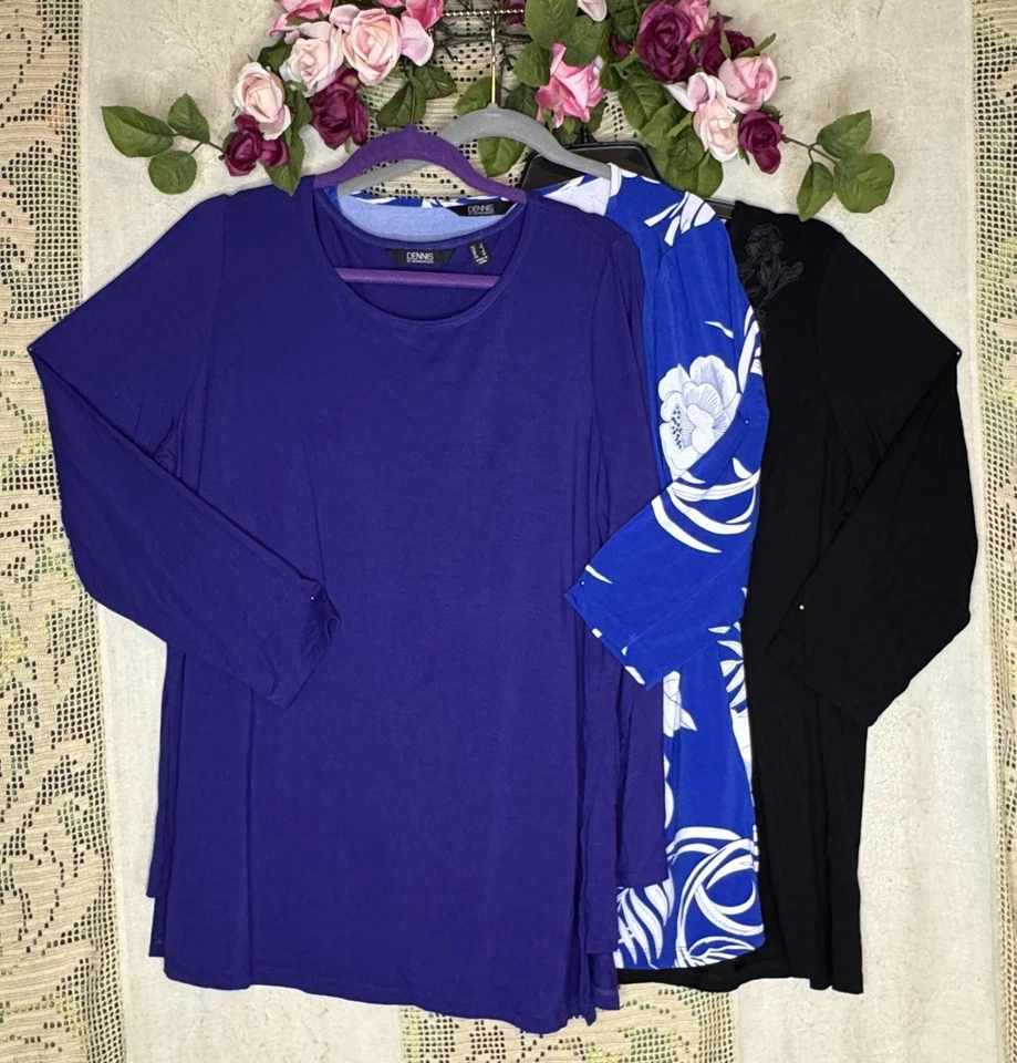 Camisa Dennis Basso Mujer Grande Lote de 3 Púrpura Negro Azul Floral 3/4 Slv Prendas para el torso Foto 1 de 4