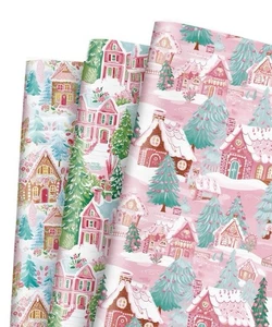 12 Sheets Flat Christmas Wrapping Paper Pink Gingerbread House & Trees 3 Designs - Picture 1 of 7