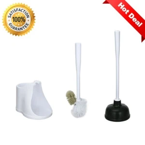 Plastic Toilet Bowl Brush Cleaner and Plunger Combo Set Kit with Holder Caddy - Picture 1 of 3