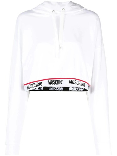 Moschino Womens White Logo Tape Cropped Hoodie Size XS UK 8