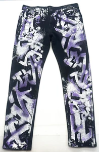 Waimea Jeans Mens 36x30 Black Skinny Fit Spray Paint Graffiti Moto Skater Grudge - Picture 1 of 9