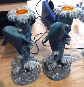 2 x Blue Dolphin Ceramic Candle Holders - Picture 1 of 3