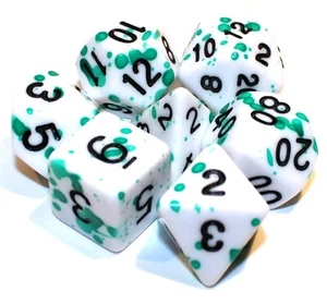 7 Piece Green Splatter Polyhedral Dice Set w/ Green Dice Bag - RPG D&D - Picture 1 of 2