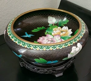 Cloisonne Schüssel, 10", schwarz, rund, Emaille Blumen/Pfingstrosen, Vogel, mit Ständer - Bild 1 von 9
