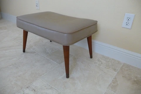 Mid-Century Modern Grey Vinyl Bench/Ottoman/Foot Stool w/Tapered Walnut Legs Cover