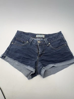 Pantalones cortos de mezclilla Paris Blues lavado oscuro con puños elásticos tiro bajo talla 5 (26) Y2K Foto 1 de 4